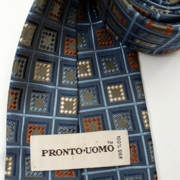 Pronto Uomo Blue Red Cream Geometric Silk Tie - Picture 3 of 4